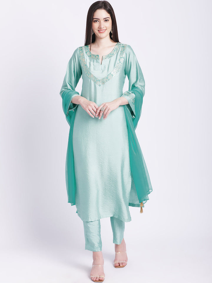 anokherang Combos Aqua Green Banarsi Kurti with Straight Pants