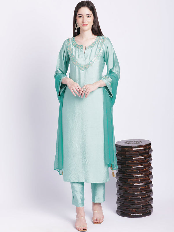 anokherang Combos Aqua Green Banarsi Kurti with Straight Pants