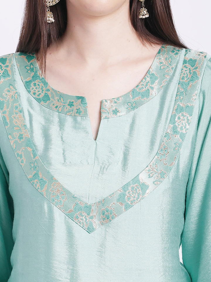 anokherang Combos Aqua Green Banarsi Kurti with Straight Pants