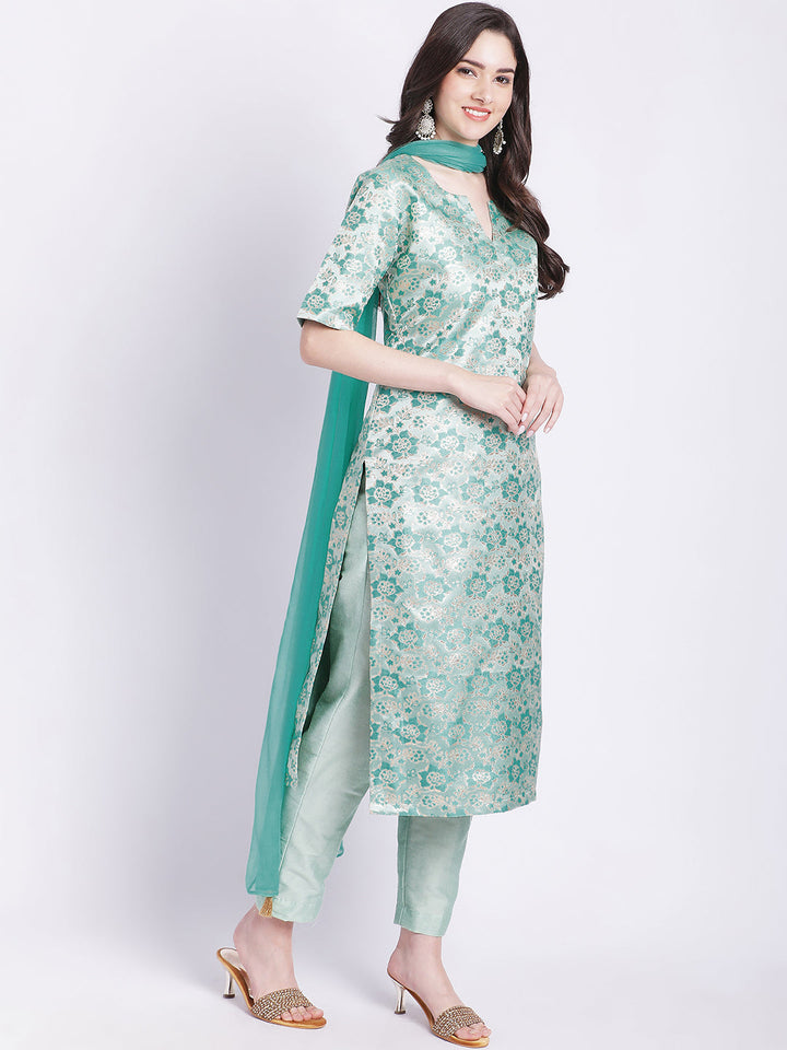 anokherang Combos Aqua Green Banarsi Straight Kurti with Pants and Chiffon Dupatta