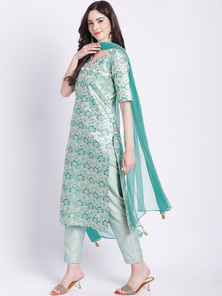 anokherang Combos Aqua Green Banarsi Straight Kurti with Pants and Chiffon Dupatta