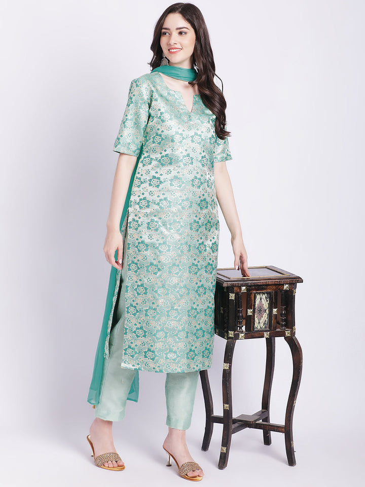 anokherang Combos Aqua Green Banarsi Straight Kurti with Pants and Chiffon Dupatta