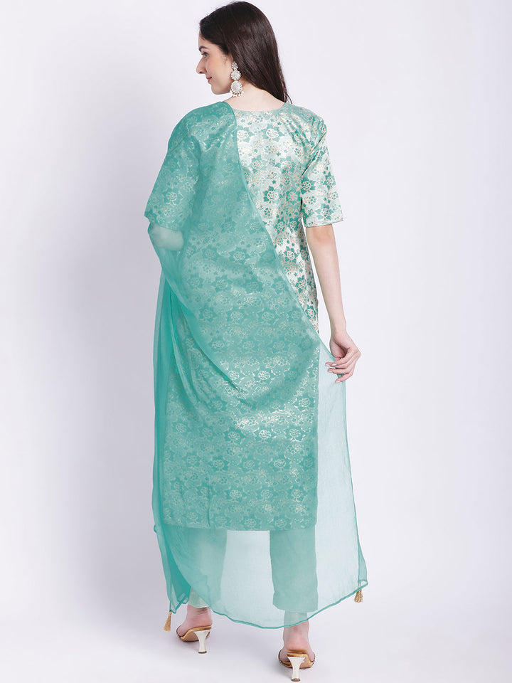 anokherang Combos Aqua Green Banarsi Straight Kurti with Pants and Chiffon Dupatta