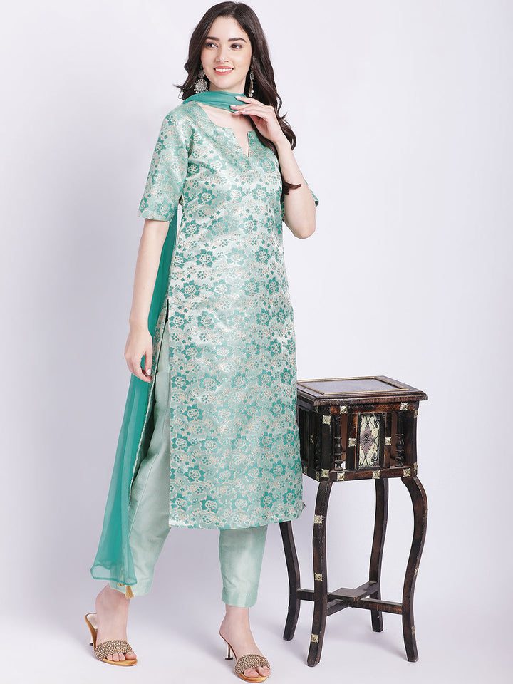 anokherang Combos Aqua Green Banarsi Straight Kurti with Pants and Chiffon Dupatta