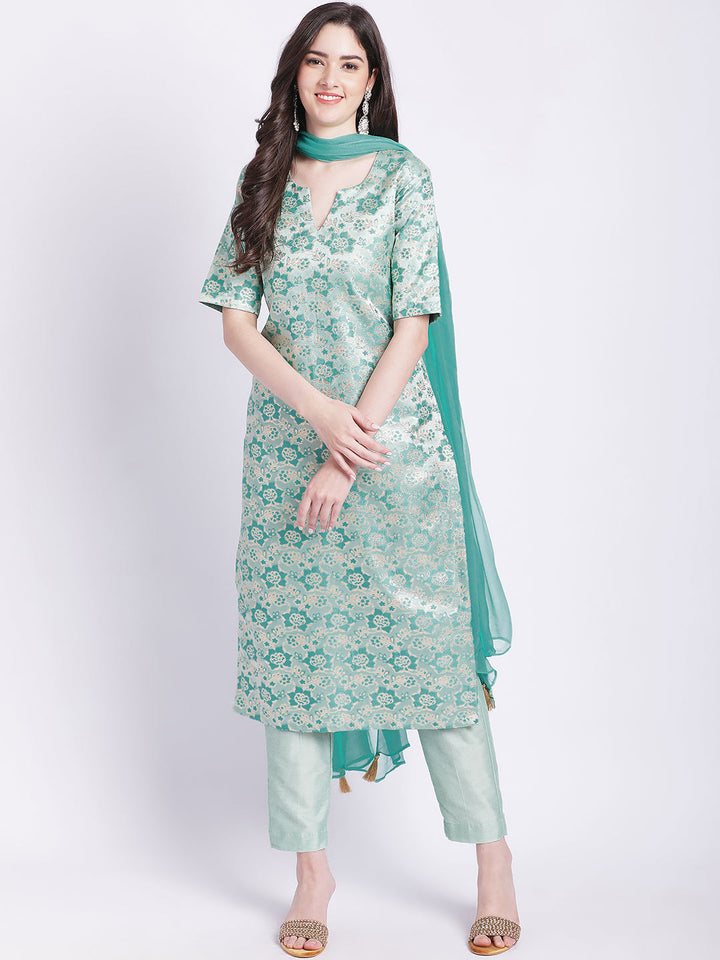 anokherang Combos Aqua Green Banarsi Straight Kurti with Pants and Chiffon Dupatta