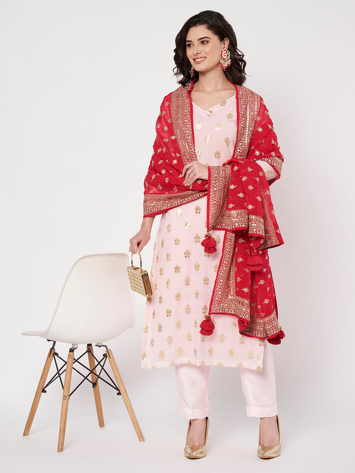 anokherang Combos Baby Pink Chanderi Kurti with Pants and Magenta Georgette Dupatta