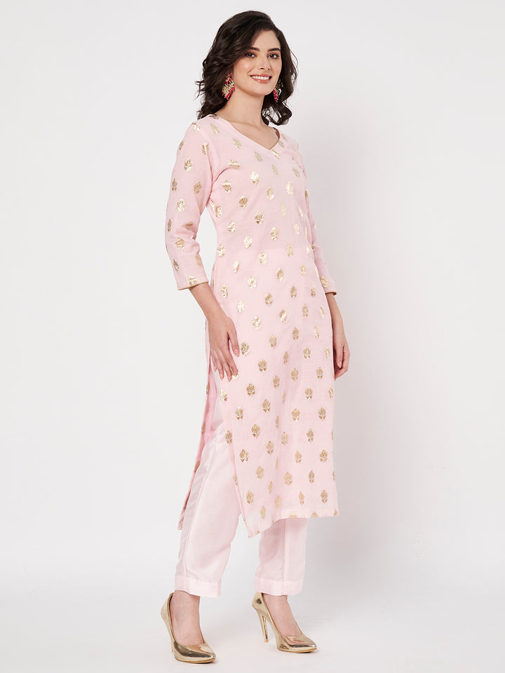 anokherang Combos Baby Pink Chanderi Kurti with Pants and Magenta Georgette Dupatta