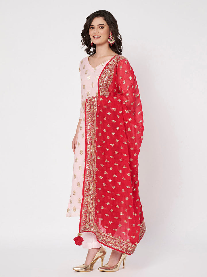 anokherang Combos Baby Pink Chanderi Kurti with Pants and Magenta Georgette Dupatta