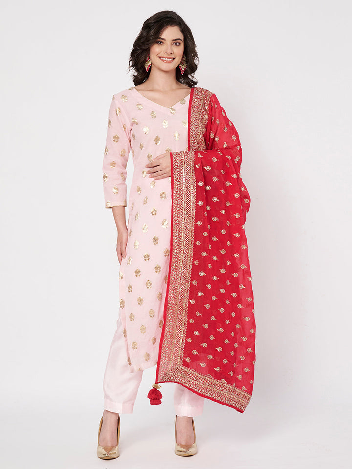 anokherang Combos Baby Pink Chanderi Kurti with Pants and Magenta Georgette Dupatta