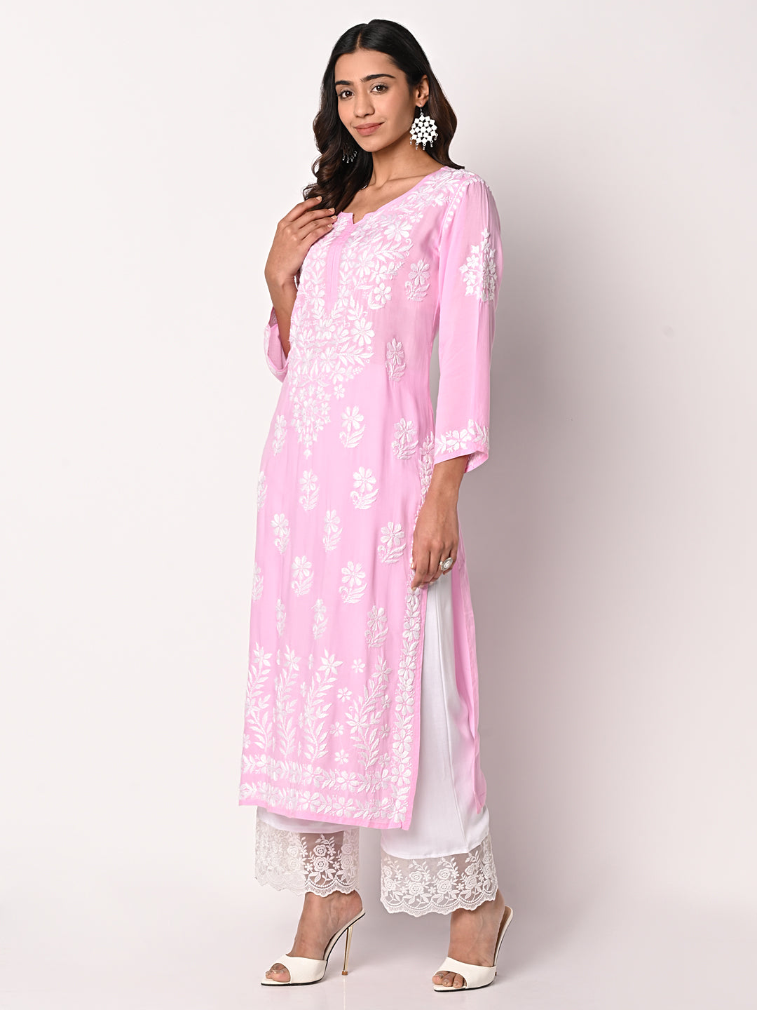 Buy Baby Pink Metallic Padded Pure Crepe Kurti with Baby Pink Cotton Silk  Pants and Baby Pink Pure Organza Ruffle Stole Kurti Set Online in India |  Colorauction