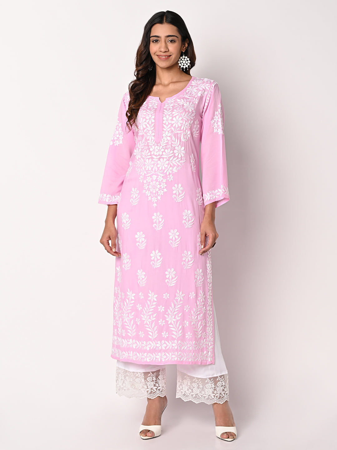 fcity.in - Queenley Chikan Embroidery Kurti Plazo Set With Net Embroidery