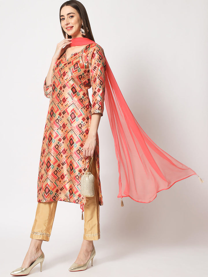 anokherang Combos Beige Coral Printed Kurti with Straight Pants and Dupatta