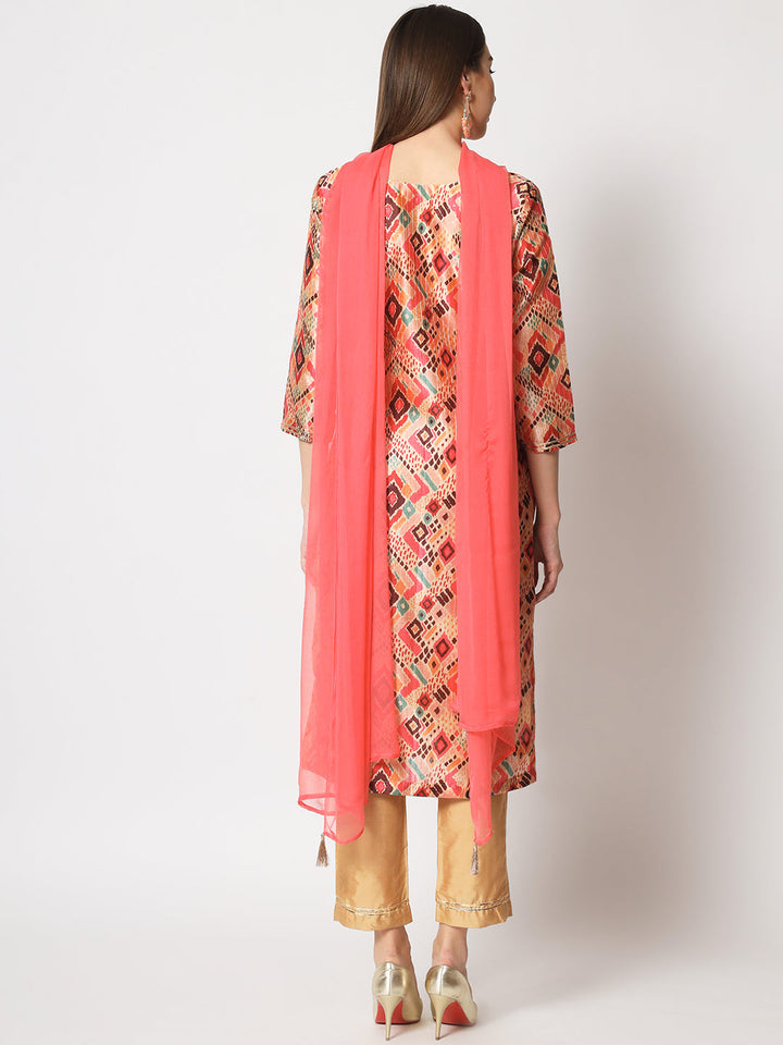anokherang Combos Beige Coral Printed Kurti with Straight Pants and Dupatta