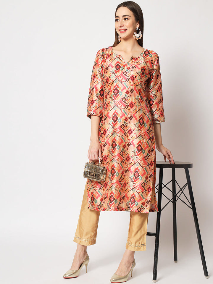 anokherang Combos Beige Coral Printed Silk Kurti