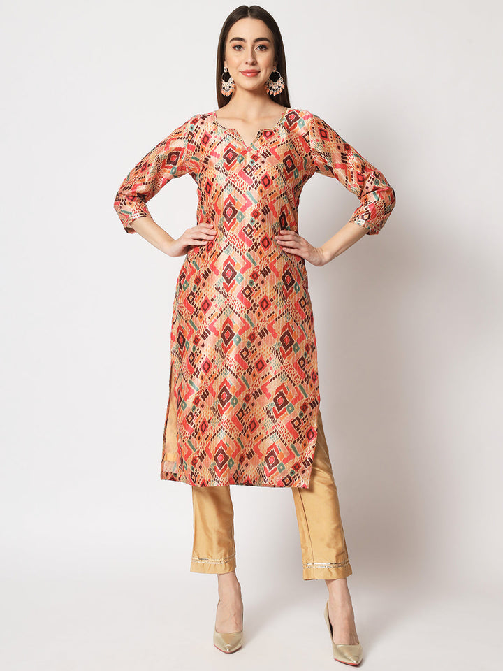anokherang Combos Beige Coral Printed Silk Kurti