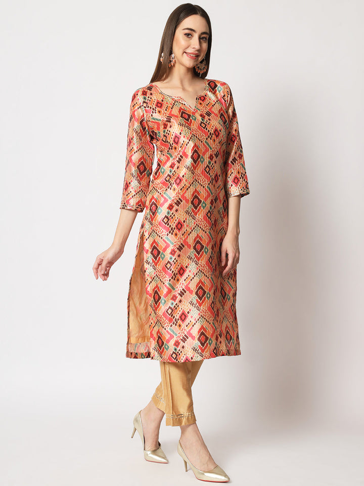 anokherang Combos Copy of Beige Coral Printed Silk Kurti with Straight Pants
