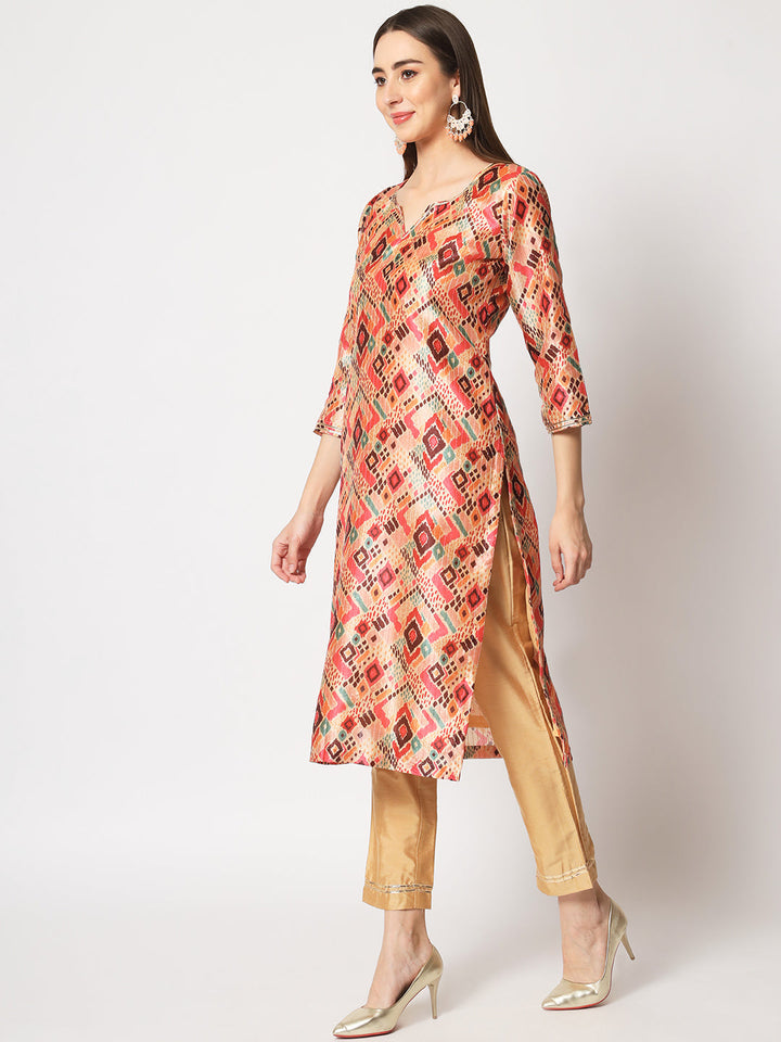 anokherang Combos Copy of Beige Coral Printed Silk Kurti with Straight Pants