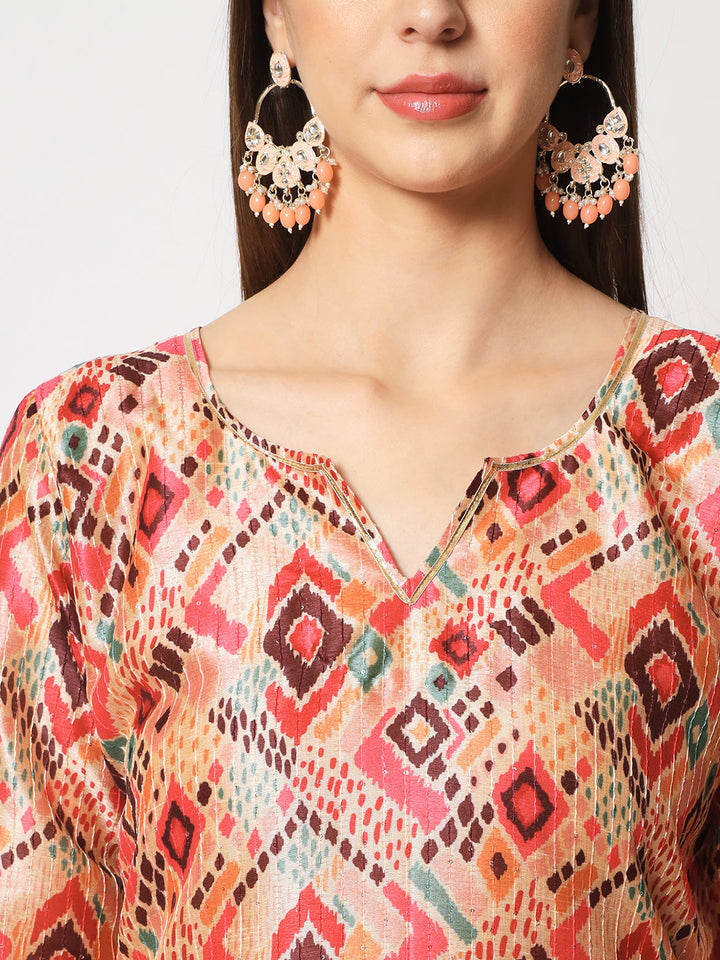 anokherang Combos Beige Coral Printed Silk Kurti