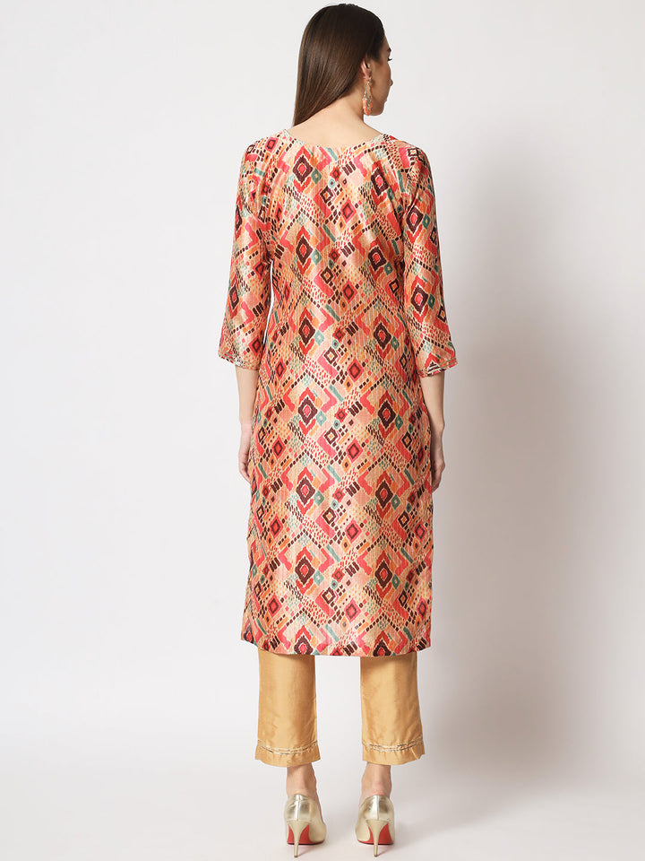 anokherang Combos Beige Coral Printed Silk Kurti with Straight Pants