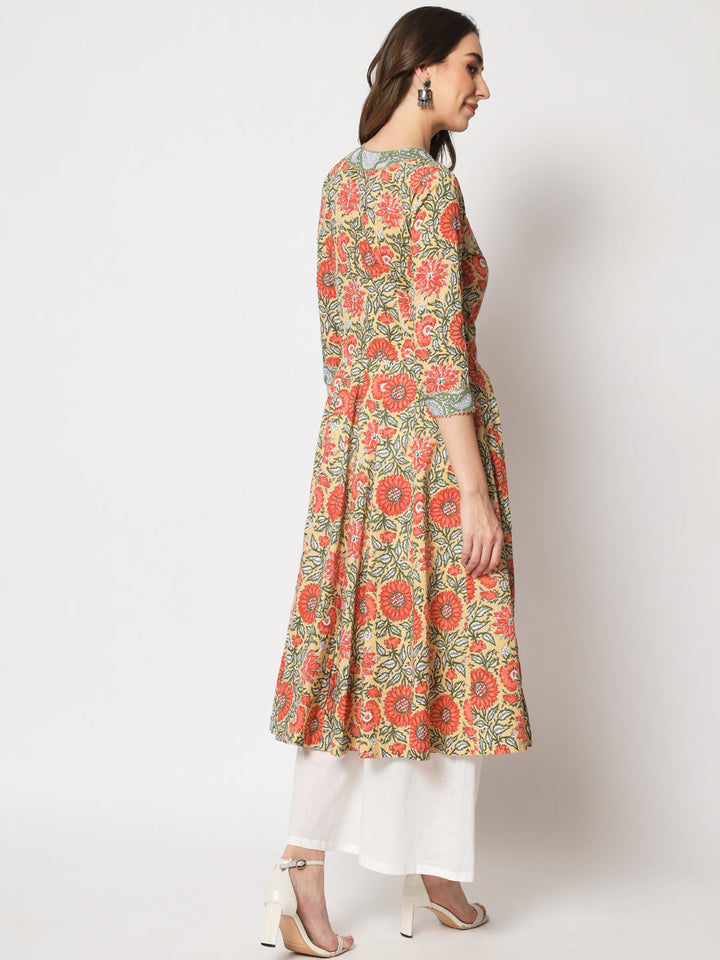 anokherang Combos Beige Floral Jacket Style Anarkali Kurti