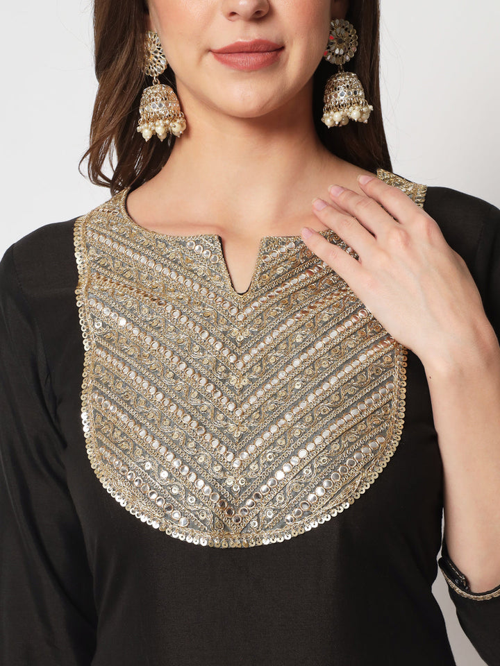 anokherang Combos Black Embroidered Straight Kurti with Straight Pants and Dupatta