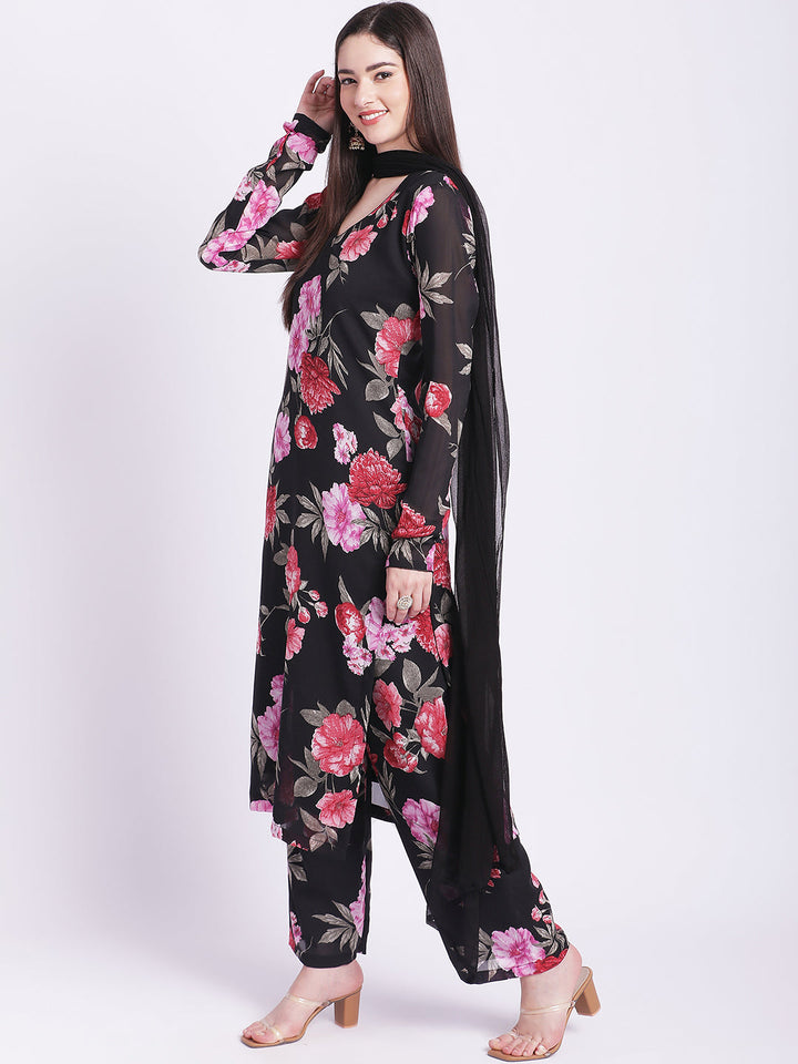 anokherang Combos Black Floral Straight Kurti with Straight Palazzo
