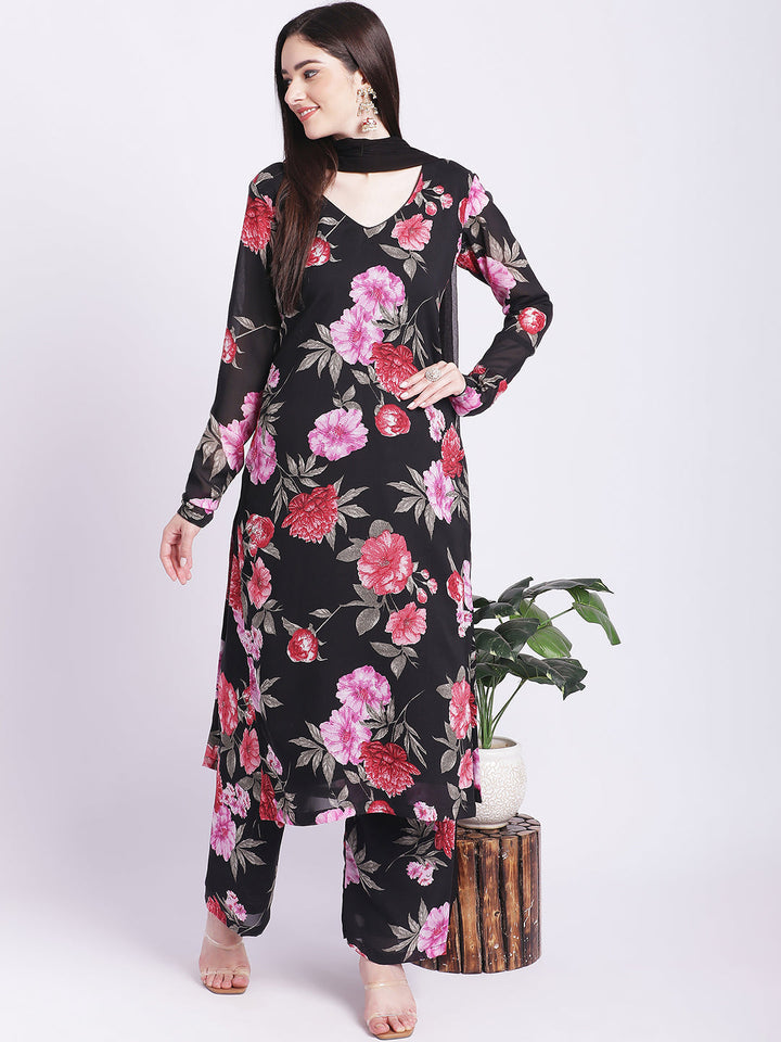 anokherang Combos Black Floral Straight Kurti with Straight Palazzo