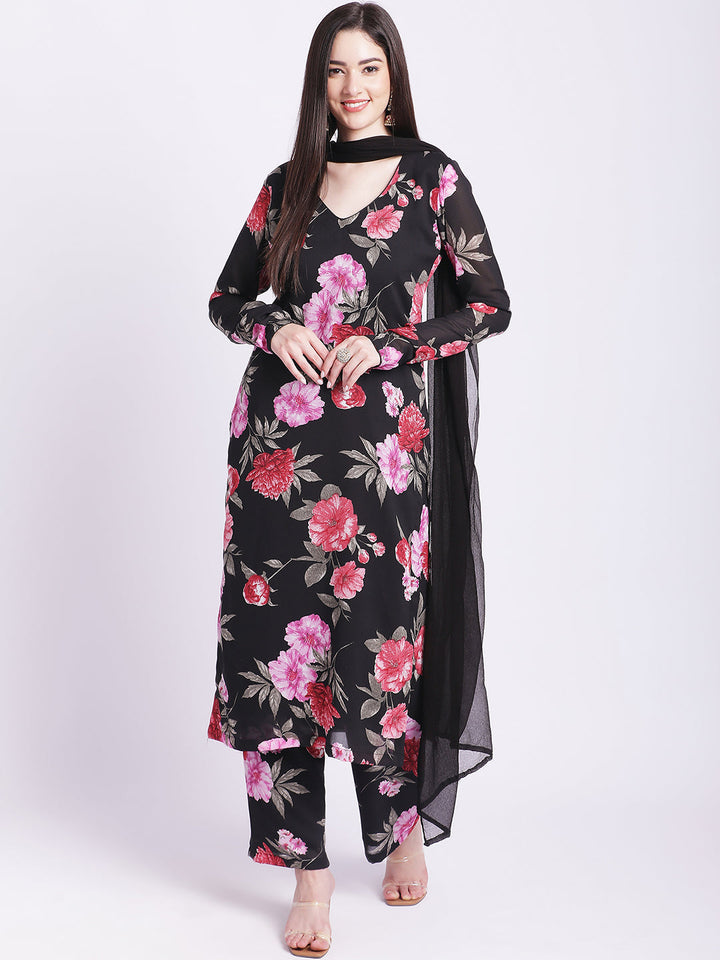 anokherang Combos Black Floral Straight Kurti with Straight Palazzo