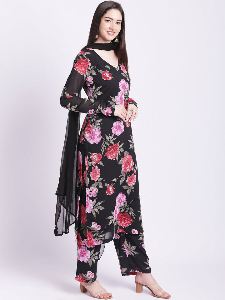 anokherang Combos Black Floral Straight Kurti with Straight Palazzo