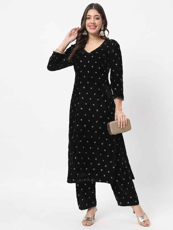 anokherang Combos Black Sequin Velvet Straight Kurti with Straight Palazzo