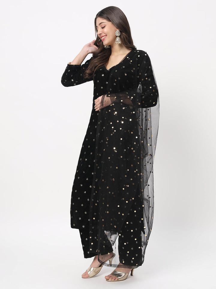 anokherang Combos Black Sequin Velvet Straight Kurti with Straight Palazzo And Net Sequin Dupatta