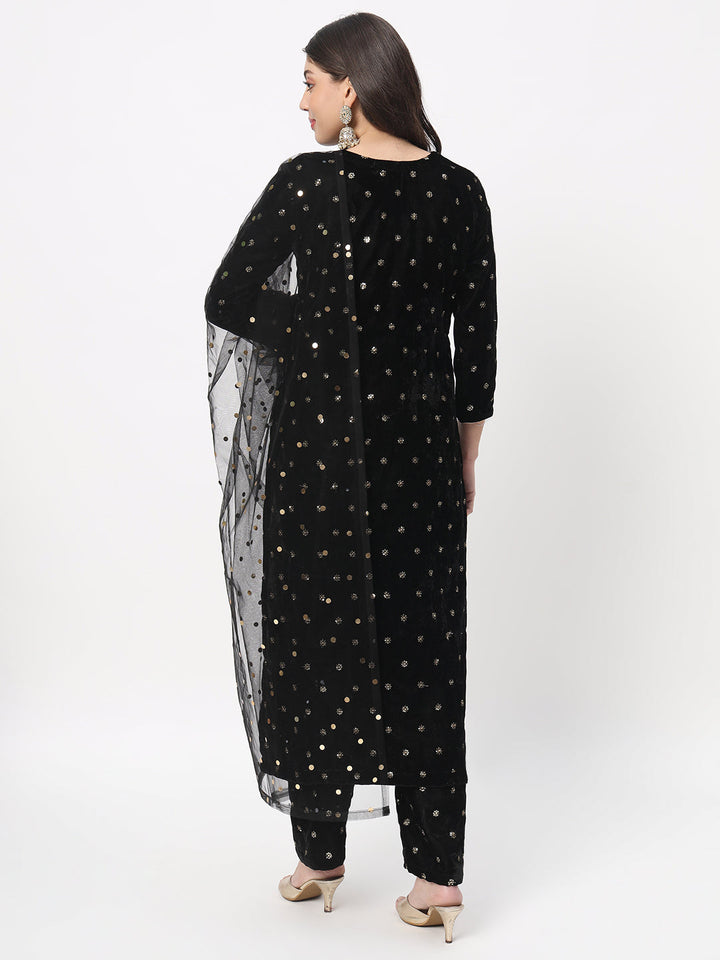 anokherang Combos Black Sequin Velvet Straight Kurti with Straight Palazzo And Net Sequin Dupatta
