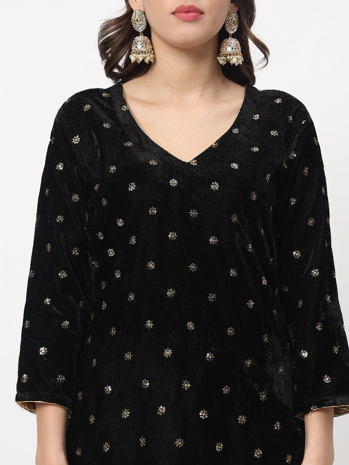 anokherang Combos Black Sequin Velvet Straight Kurti with Straight Palazzo And Net Sequin Dupatta