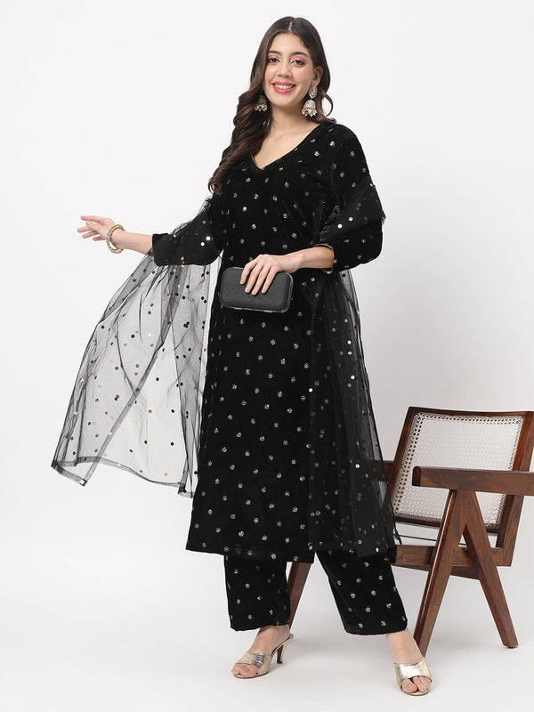 anokherang Combos Black Sequin Velvet Straight Kurti with Straight Palazzo And Net Sequin Dupatta