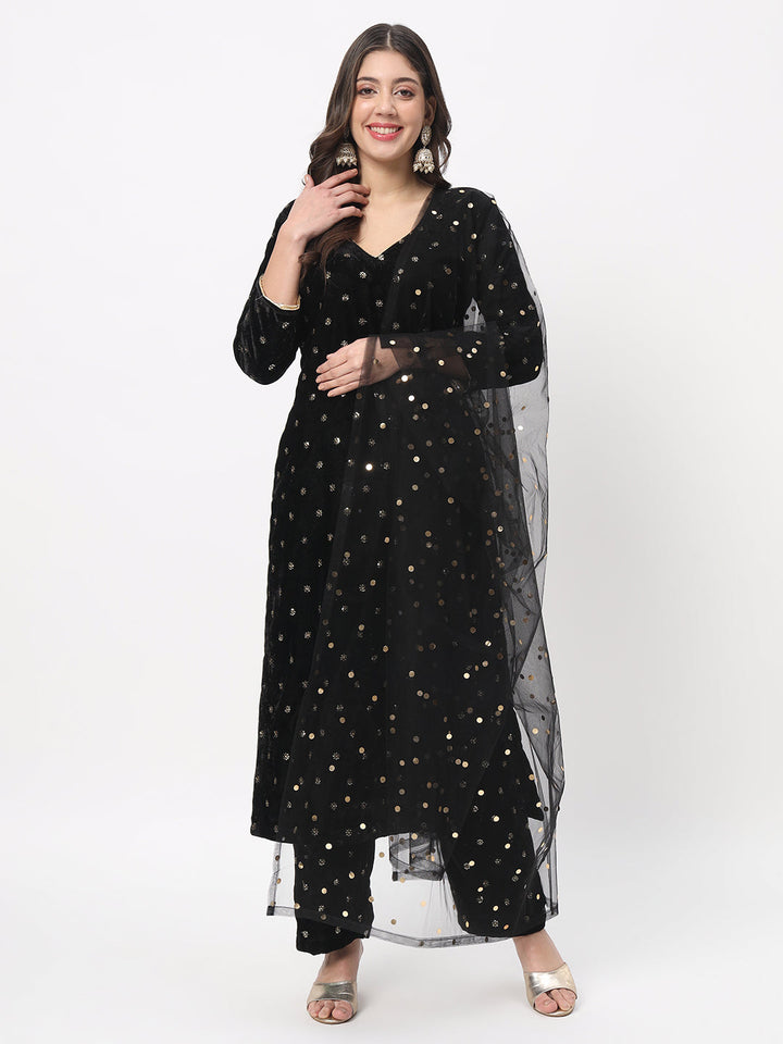 anokherang Combos Black Sequin Velvet Straight Kurti with Straight Palazzo And Net Sequin Dupatta