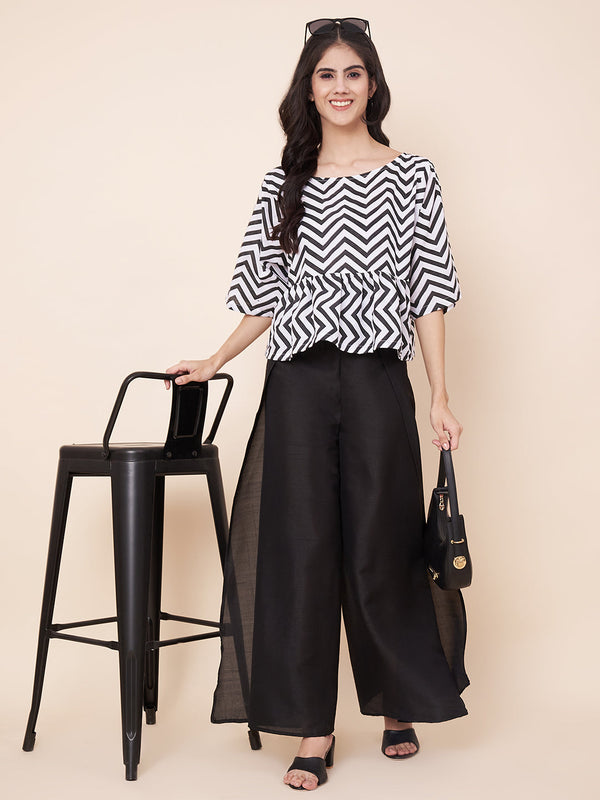 anokherang Combos Black White Zig Zag Top and Wrap Palazzo Set