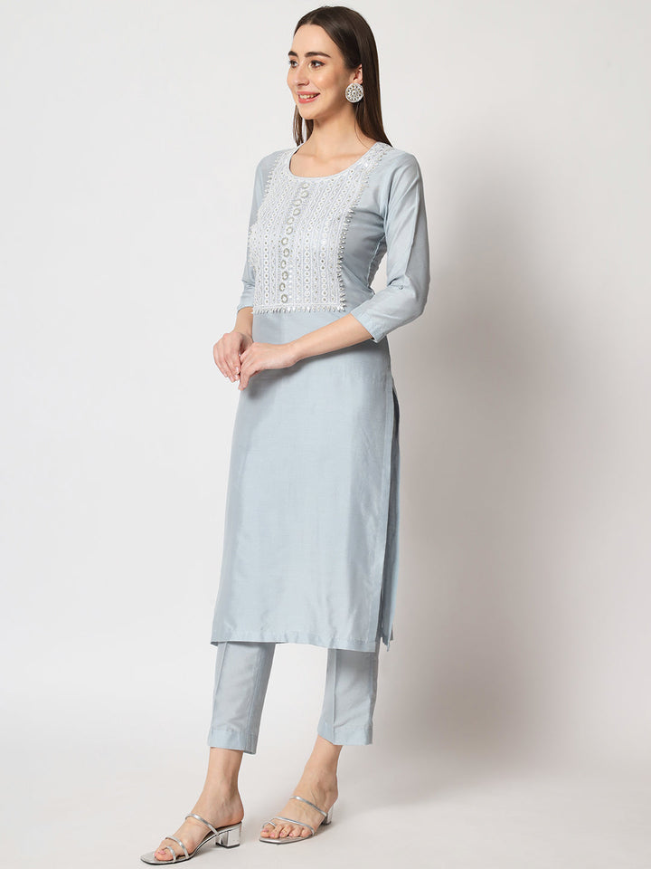 anokherang Combos Blue Delight Neck Embroidered Straight Kurti with Straight Pants