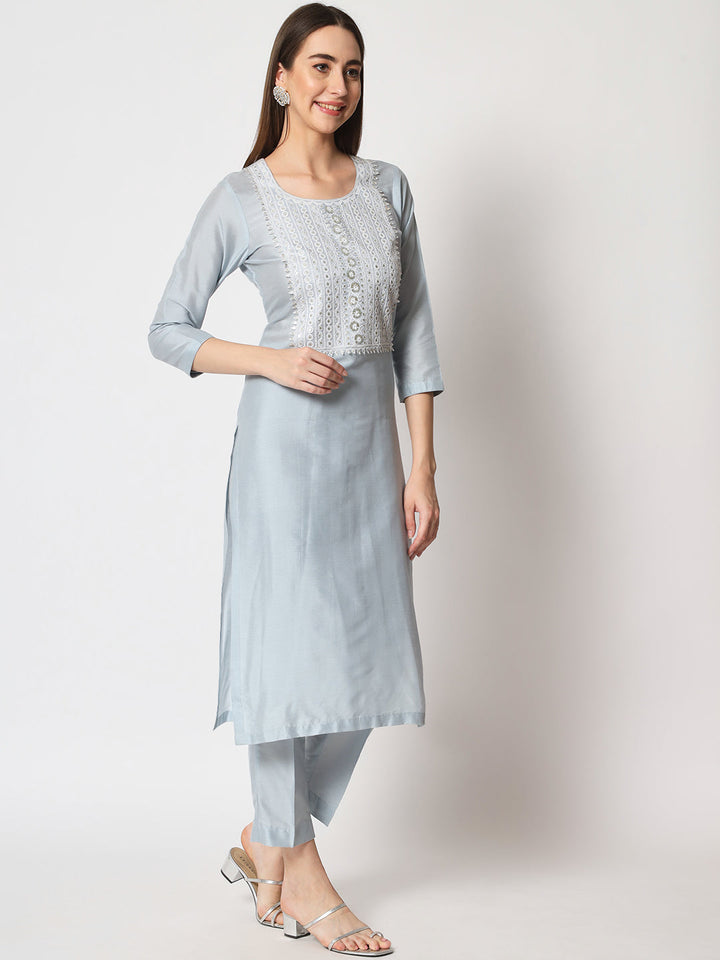 anokherang Combos Blue Delight Neck Embroidered Straight Kurti with Straight Pants and Thread embroidered Kota Dupatta