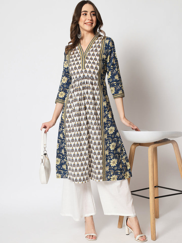 anokherang Combos Blue Fusion Printed A - Line Kurti