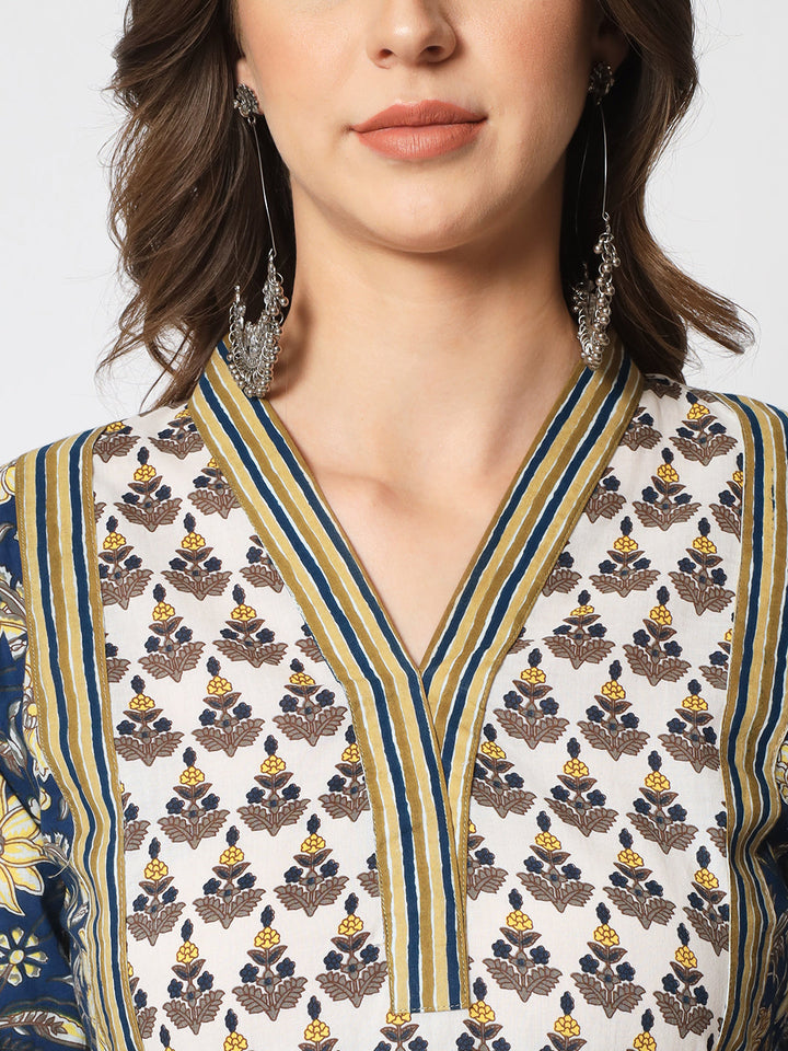 anokherang Combos Blue Fusion Printed A - Line Kurti