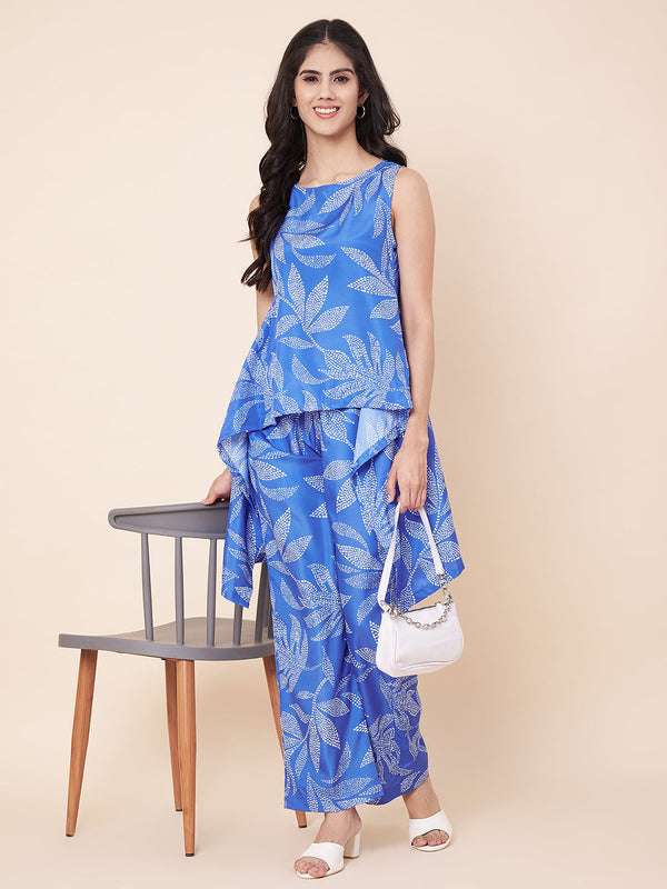 anokherang Combos Blue Leafy-Flowly Top with Straight Palazzo