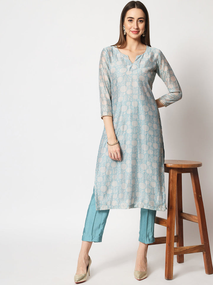 anokherang Combos Blue Lurex Floral Printed Silk Kurti