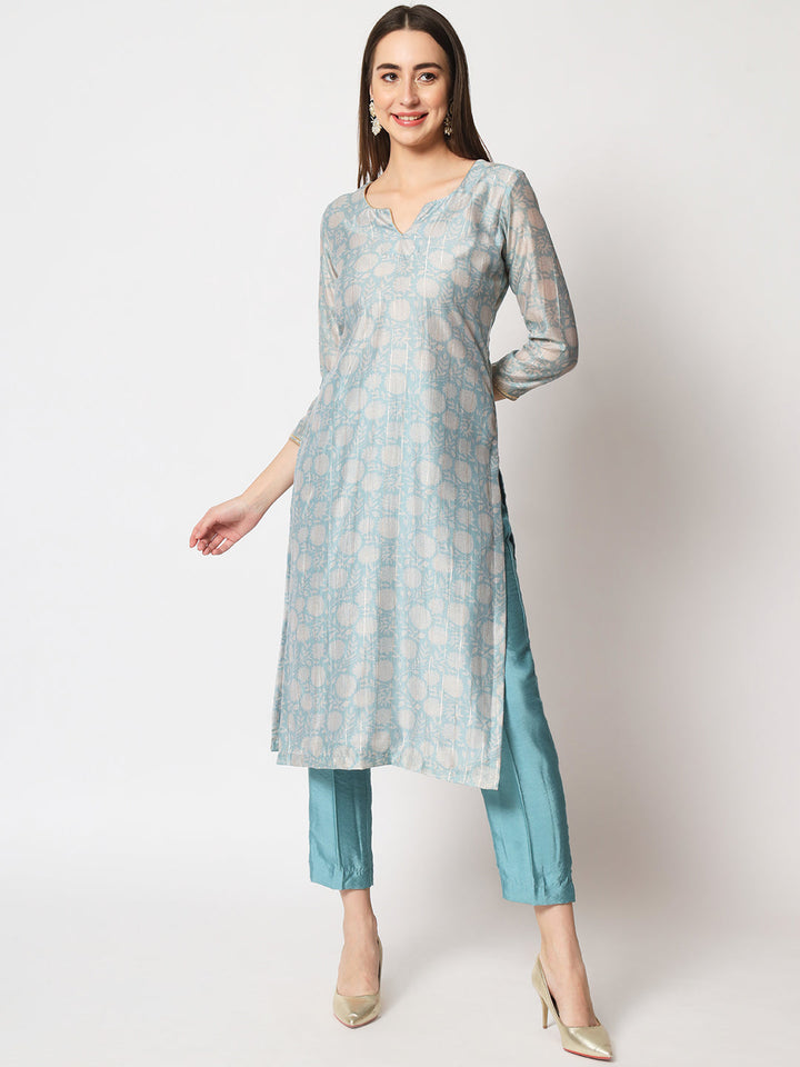 anokherang Combos Blue Lurex Floral Printed Silk Kurti