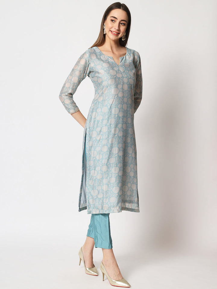 anokherang Combos Blue Lurex Floral Printed Silk Kurti