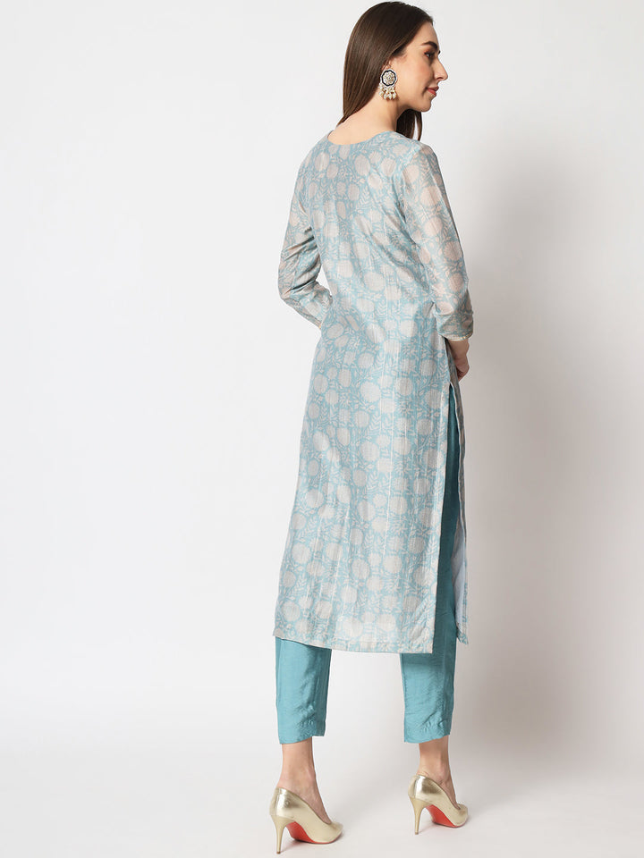 anokherang Combos Blue Lurex Floral Printed Silk Kurti
