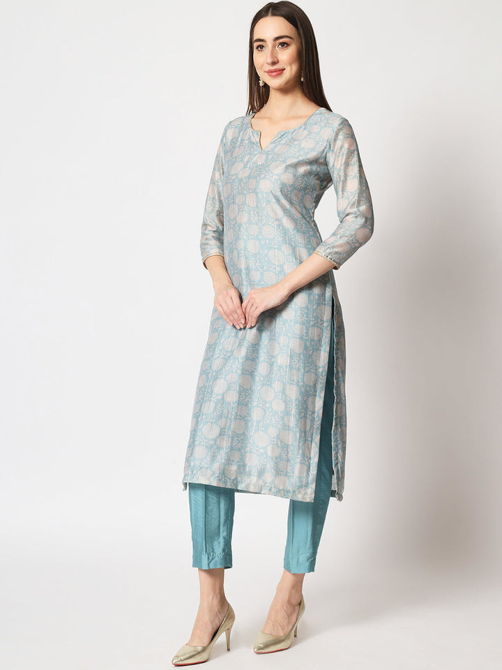 anokherang Combos Blue Lurex Floral Printed Silk Kurti