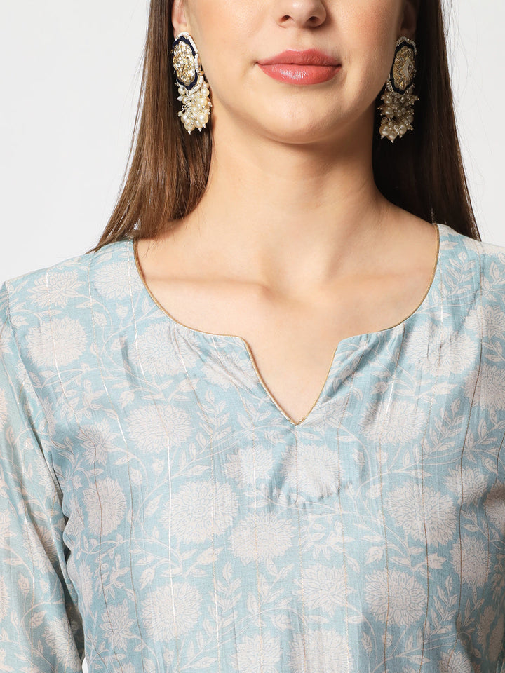anokherang Combos Blue Lurex Floral Printed Silk Kurti