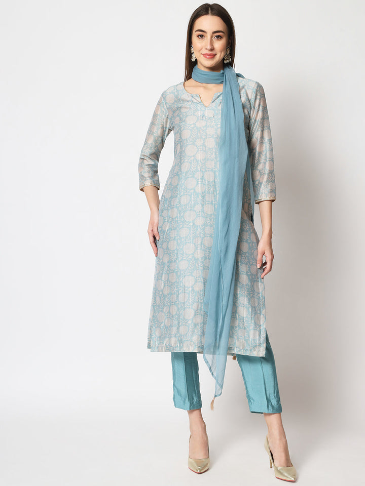 anokherang Combos Blue Lurex Floral Printed Silk Kurti with Straight Pants and Dupatta