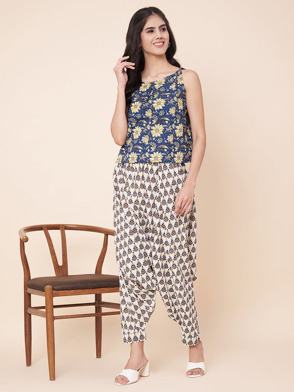 anokherang Combos Blue Printed Top with Harem Pants