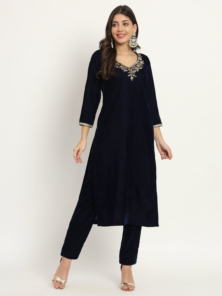 anokherang Combos Blue Royale Zardozi Embroidered Velvet Kurti with Pants